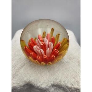 Vintage Art Glass Paperweight Red Pink Yellow Floral Flower Millefiori Style H2
